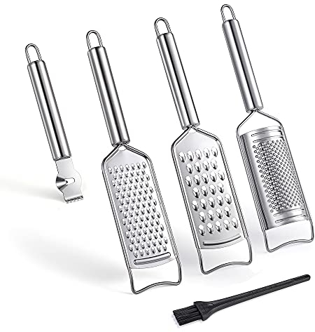 Tongjude Set di grattugie per formaggio in acciaio inox, set di 5 grattugie, pelatrici e affettatrici da cucina, sminuzzatrici di limoni con spazzola per la pulizia di verdure, frutta e cioccolato