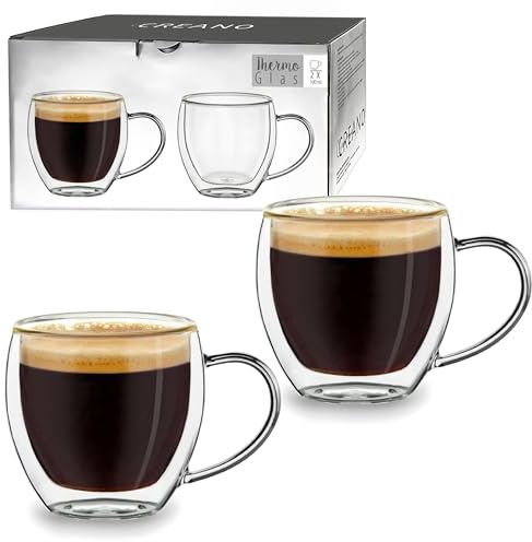 Creano Set 2 Tazze con Manico Cafè Espresso 100ml Doppia Parete in Vetro Borosilicato con Effeto Galleggiante | Bicchieri Termici Isolanti – Design Elegante Regalo Premium – Set: 2x 100ml