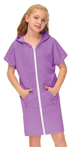 BesserBay barn badponcho huva poncho handduk frotté med fickor 120–150, lila, 150