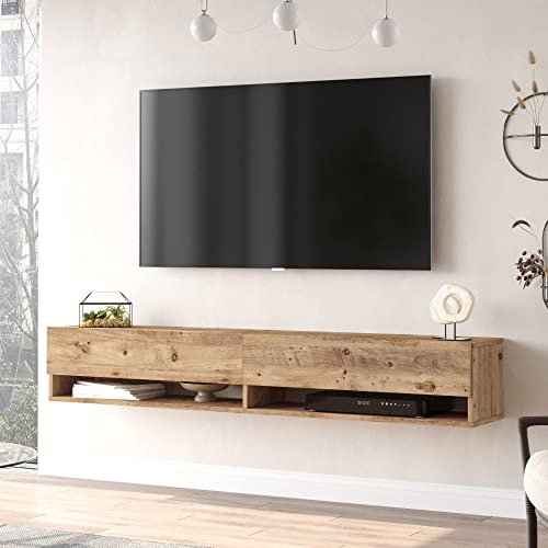 [en.casa] Mueble TV Suspendido con Espacio de Almacenaje Mesa Tele de Pared con 2 Puertas y 2 Estantes Aglomerado 180 x 32 x 30 cm Roble Rústico
