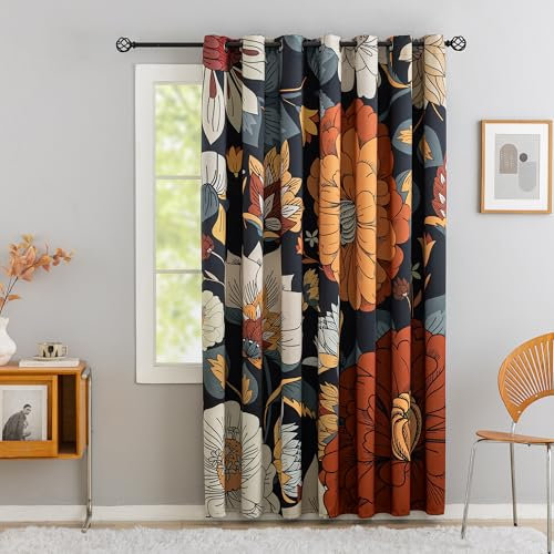 Tyrot Black Boho Floral Blackout Curtains for Sliding Glass Doors 84 inch Length Extra Wide Curtains for Patio Sliding Door Living Room, Grommet Room Divider Thermal Insulated Curtains, W100 x L84