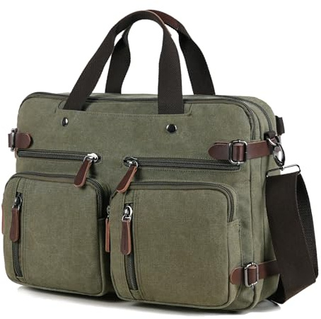 CROCOD 3 In 1 Laptop Bag for Men Women, 17.3 inch Convertible Messenger Bag Canvas Computer Briefcase, Laptop Shoulder Bag for Work Travel College (Green)