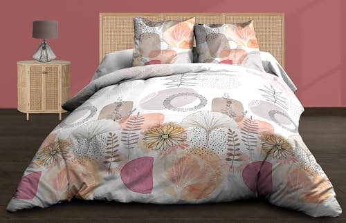Le Linge de Jules Parure Drap Plat + Drap-Housse 140x190 + 2 T - Pur Coton 57 Fils - Aquarel, Rose
