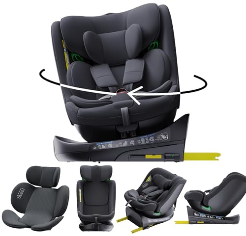 YAZOCO Siège auto bébé, I-SIZE 40-150 cm, 360° pivotant 0 à 36 kg évolutif, dès la naissance et jusqu'à 12 ans environ, Groupe 0/1/2/3, Isofix, RWF, FWF, Protections latérales sièges (Gris)