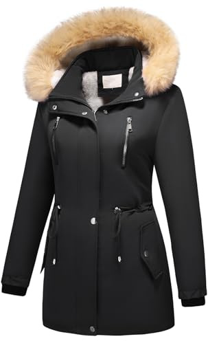 MODFUL Doudoune polaire pour femme - Capuche amovible - Manteau d'hiver Sherpa épais, Noir , XL