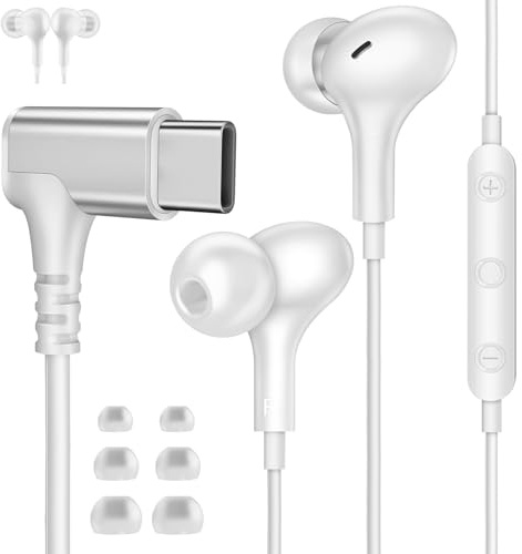 USB C-hörlurar, 90° grader, stereo typ C-headset, USB C-anslutning i örat, hörlurar med kabel, mikrofon för Samsung A36, A56, A55, A35, A17, 5G, Galaxy S25, S24, iPad Mini, iPhonne 17, 16e, Pixel 10