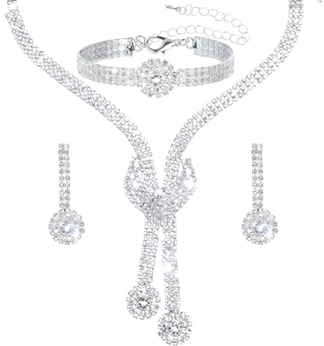 Telooco Silver Bridal Jewellery Set Rhinestone Necklace Drop Dangle Earrings Bracelet Set Bling Wedding Formal Costume Jewellery for Women and Brides
