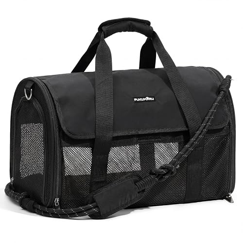 FUKUMARU Cat Carrier, Light & Airy Pet Carrier, 18x11x11 Airline Approved Dog Carrier for Small Dogs, 2-in-1 Shoulder Strap Leash, Collapsible Soft Cat Travel Carrier with Anti-Scratch Mesh, Black
