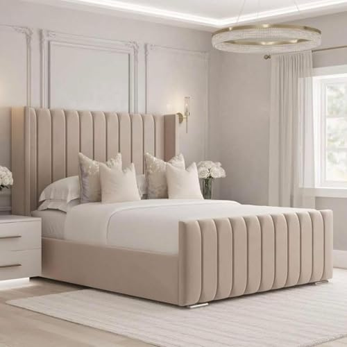 J&S BEDS Yarno Bed Frame with 48 Headboard – Upholstered Panel Bed With or Without Ottoman Gas Lift Storage See Variations (4ft Small Double Slat Base No Storage No Mattress, Cream)