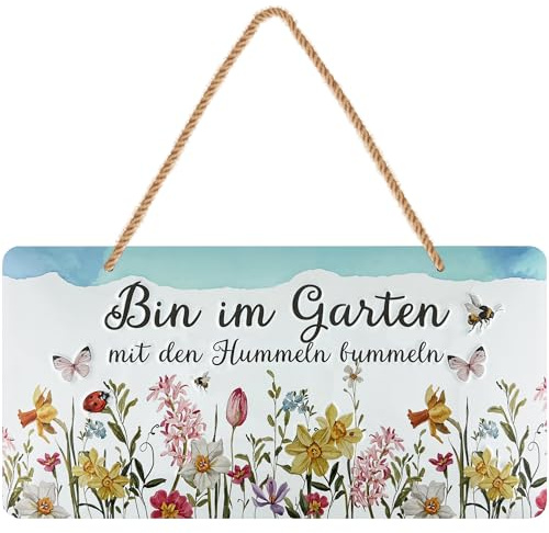 LANOLU retro Blechschild, Gartenschild mit Spruch bin im Garten mit den Hummeln bummeln, Deko Schild Garten wetterfest, Vintage Metallschild mit Jutelkordel, 16x32 cm