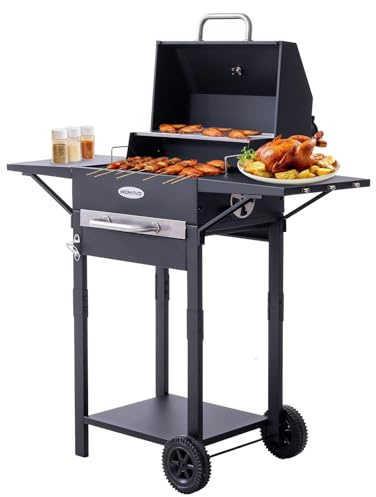 HOMAVO Barbecue charbon avec couvercle, Grill 2 en 1 sur pied et table, Compact pour balcon et jardin, Thermomètre intégré, Grille maintien au chaud, Facile à déplacer