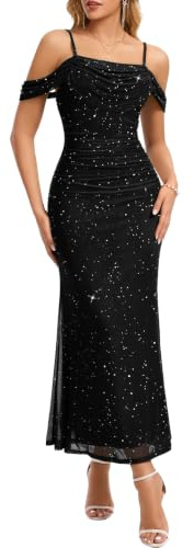 Meetjen Women's Maxi Cocktail Dresses 2026 Spaghetti Straps Sparkly Off Shoulder Corset Elegant Ruched Bodycon Mesh Bridesmaid Wedding Guest Dress Black Medium