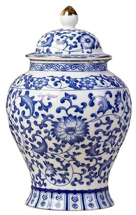 Kinesisk ingefärsburk med lock chinoiserie antik stil porslinsburkar teförvaring dekorativ retro blå och vit porslin blommor keramisk täckt burk vas mångsidig förvaringsvas, heminredning (C)