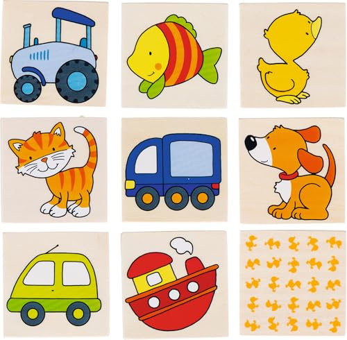 goki 56698 - Memospiel Mein erstes Memo aus Holz, Erinnerungsspiel Klassiker mit Tieren und Fahrzeugen, Paare finden, fördert Gedächtnis & visuelle Wahrnehmung und Koordination, 16-er Set, ab 2 Jahr
