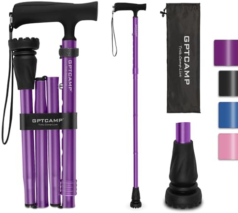 GPTCAMP G2 Walking Stick, Fold-up Walking Cane for Women and Men with Wrist Strap, Portable, Foldable, Collapsible, Lightweight and Sturdy with Comfortable T Handle