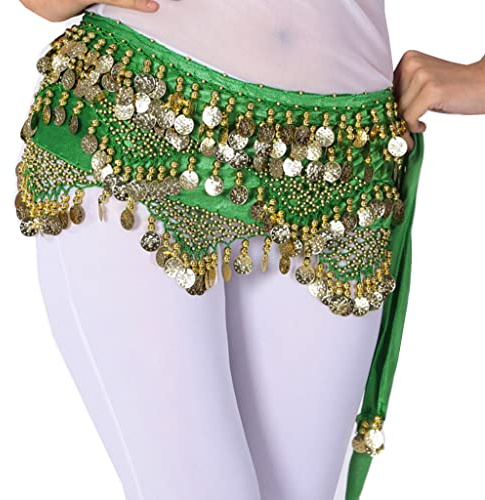 Wuchieal Women's Sweet Bellydance Hip Scarf with Gold Coins Skirts Wrap Noisy Green