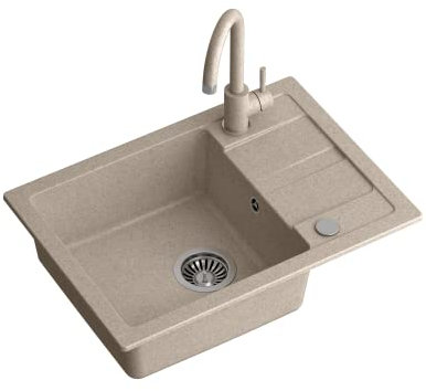 GO SMART évier granit cuisine | Taille 62 x 44 x 17,5 cm Beige | Évier encastré simple avec robinet