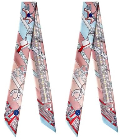 COtheSumay Mulberry Silk Scarf for Handbags & Purses, 2Pcs 2''x35'' Hair Ribbon Skinny Neck Scarves for Women（Chain link Champagne
