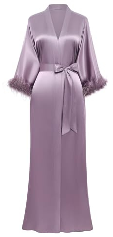 PRODESIGN Satin Kimono Robe Long Silky Bathrobe with Ostrich Feather Trim Sleepwear Wedding Bridesmaid Dressing Gown