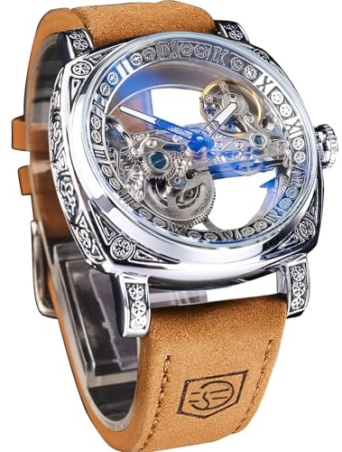 FORSINING Uhren für Mensch, quadratische Retro mechanische Uhr Self-Wind geschnitzt, Skelett automatische Uhren Vintage Lederarmband Armbanduhr