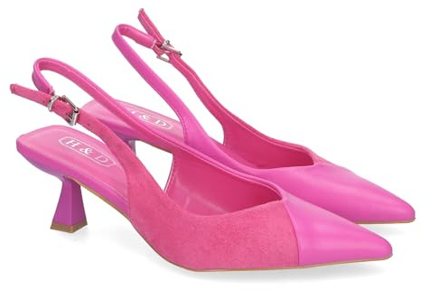 82019-Zapatos de Salon para Mujer con Tacon, Elegantes y Comodos, Diseno Moderno, Dos Materiales con Punta Fina y Cierre de Hebilla Ajustable, para Todo Tipo de Ocasiones.. Talla 38 Fucsia