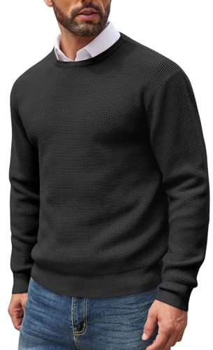 COOFANDY Pull en Tricot gaufré pour Homme Pull d'hiver Moderne uni Col Rond Noir M