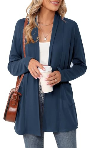 Rapbin Women's Open Front Loose Casual Lightweight Cardigan Ladies Long Sleeve with Pockets (Navy Blue, M)