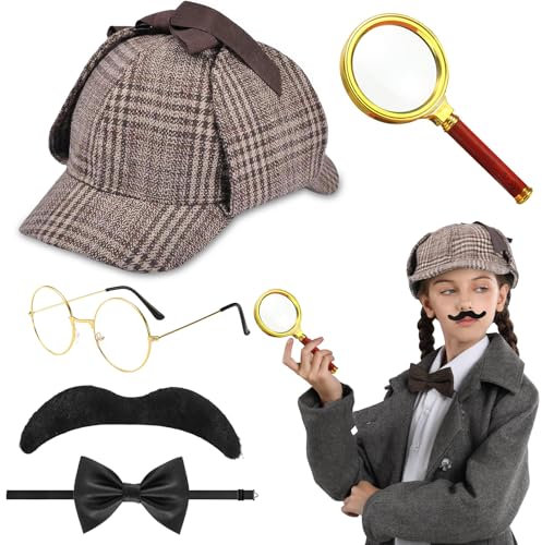 5 Stück Detektiv Kostüm Set,1920er Jahre Rollenspiel Detektiv Zubehör Victorian Sherlock Holmes Phantasie Kleid Kits für Kinder Erwachsene Word Book Day Halloween Cosplay Karneval Party