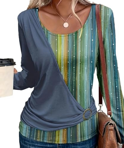Yeenily Camicia Donna Manica Lunga Magliette Scollo Rotondo Moda T-Shirt Elegante Maglietta Casual Camicette Basic Blusa Top (Blu, S)