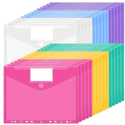 JEFURE A4 Dokumententasche 30 Stück, 5 Farben Dokumentenmappe, Wasserdichte Mappen mit 11 Löchern, Klettverschluss und Etikettentaschen, Durchsichtige Dokumentenhüllen für Dokumente Organisiere