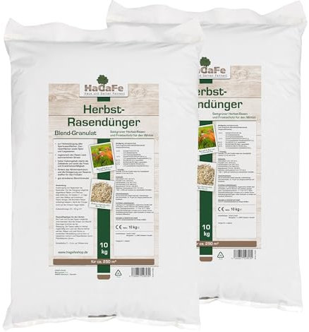 20kg (2 x 10kg) HaGaFe Herbstrasendünger, Herbst - Rasendünger, Rasen - Dünger, Kaliumdünger für Frosthärte und Standfestigkeit, gut streuwagenfähig, Blend-Granulat