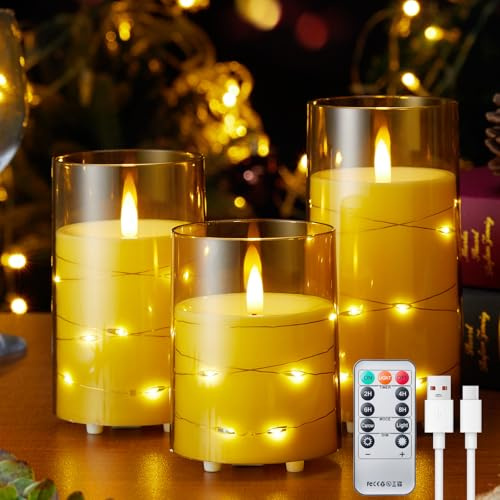 EXTSUD 3 velas LED con cadena de luces y temporizador, recargables, con mando a distancia, sin llama, velas acrílicas para decoración del hogar, Navidad, cumpleaños y fiestas