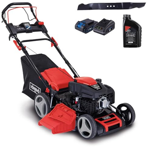 Scheppach MS225-53E VS Benzin Rasenmäher mit Antrieb & VarioSpeed - 6PS | E-Start | 53cm Schnittbreite | 65 L Fangkorb | 7-stufige Höhenverstellung | Mulchfunktion | inkl. Öl, Messer Akku & Ladegerät
