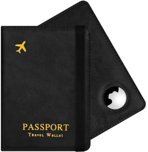 AOOSU Airtag Wallet Passport Holder Cover, PU Leather Passport Cover with RFID Blocking Travel Wallet, Portable Universal Travel Wallets Case Organiser for Money, Boarding Passes, Credit Cards Black