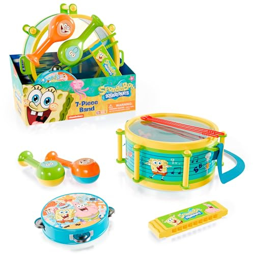 SpongeBob Kids Drum Set, 7 Piece Kit, Age 3+ | Snare, Bongo, Hand & Sticks, Musical Toy, Toddler Drum Set for Early Learning & Motor Skills, SpongeBob Toys
