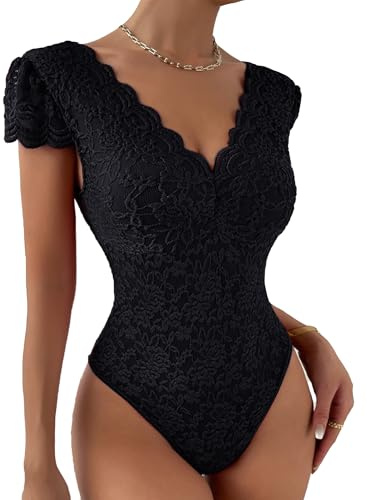 FEOYA Body sexy en dentelle pour femme à manches courtes et col en V profond avec entrejambe à boutons-pression - Coupe ajustée pour sortir en boîte de nuit