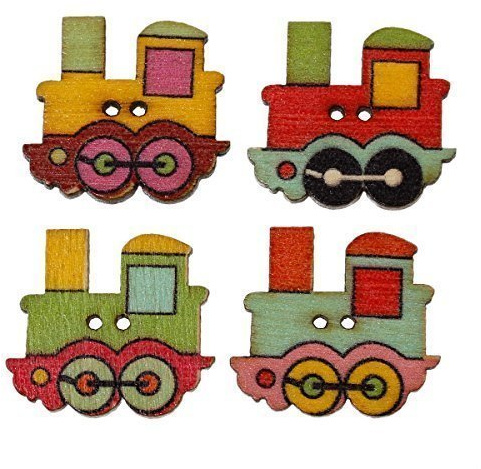 The Bead and Button Box - 10 Wooden Train Design Sewing Buttons, 25 x 22mm. Ideal for Children's Clothes and Baby wear. Scrapbook and Crafts
