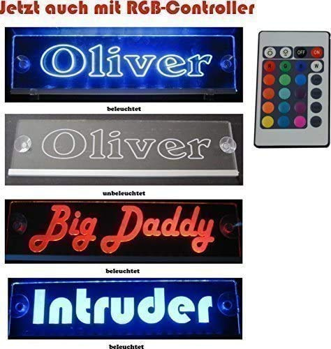 Schmalz Werbeservice Placa con Nombre para Camión Tamaño 40x10 CM Con RGB Controlador 22 Funciones - LED Acrílico Cartel Luminoso 12V O 24V-5V Puerto USB