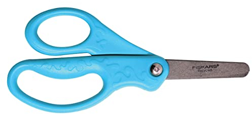 Fiskars Tijeras infantiles recicladas, A partir de los 6 años, Longitud: 13 cm, para diestros y zurdos, Hoja de acero inoxidable/Mangos de plástico, Azul, 1003760