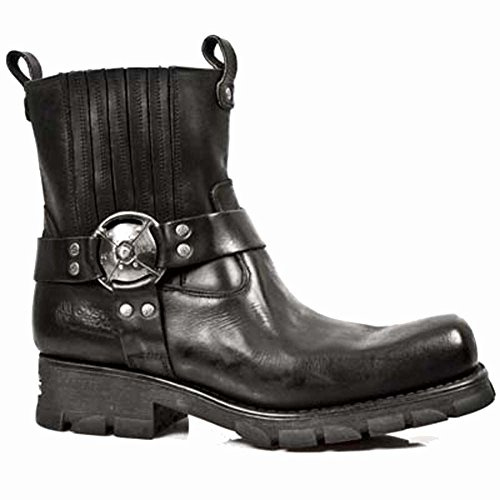 New Rock M.7605-S1 Stivaletti da moto unisex in vera pelle nera, suola in gomma naturale, stile biker, tacco 5 cm, piattaforma 2 cm, chiusura con cinturino posteriore ed elastico, 46