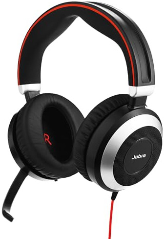 Jabra Evolve 80 MS Stereo Over-Ear Headset – Microsoft Teams zertifizierte Kopfhörer mit aktivem Noise-Cancelling – USB-A Kabel und 3,5 mm Klinke – schwarz