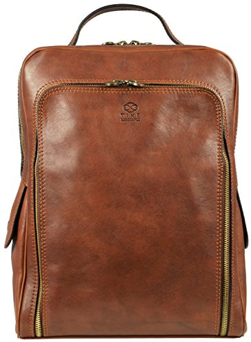Time Resistance Full Grain Leather Backpack - Unisex Daypack for Laptop up to 13” and A4 - Rucksack City Bag - Classic Business Backpack - Handmade Italian Leather Bag for Men and Women (Cognac Brown)