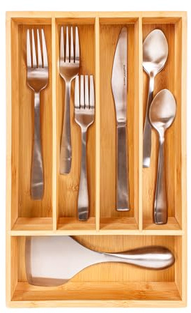 BergHOFF Bamboo Flatware Organizer 5-slot, 13.5 x 8.25, Natural, Fit in any size of drawer, great for spoons, forks, knives, scissors, peelers, chef tools