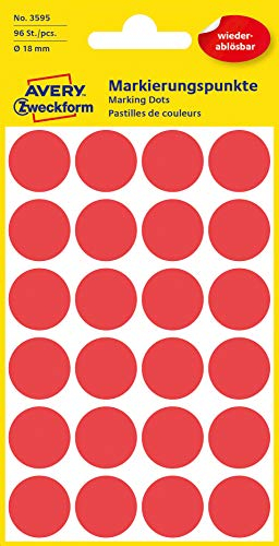 AVERY Zweckform 3595 selbstklebende Markierungspunkte 96 Stück (Ø18mm, ablösbare Klebepunkte auf 4 Bogen, Farbcodierung, runde Aufkleber für Kalender, Planer und zum Basteln, Papier) rot