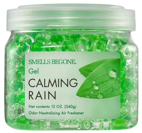 SMELLS BEGONE 12 oz Odor Eliminator Gel - Air Freshener - Absorbs & Eliminates Odor in Bathrooms, Basements, Cars, Boats, RVs & Pet Areas - Made with Essential Oils - Calming Rain Scent