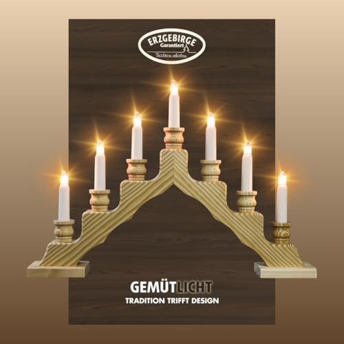 weigla - Schwedenleuchter original Erzgebirge I Trendiger Schwede NATUR I Schwibbogen Weihnachten I 7 Lampenkerzen + 1 Ersatzlampe I 7 x 34 V, 3 W, E10 I Weihnachtsdeko innen I Kiefernholz