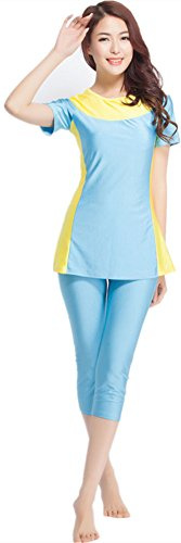 YEESAM Modest Swimsuits for Women Rash Guard 2 Piece with Skirt Muslim Burkini (Sky Blue, Asia 2XL (Height: 170-175cm))
