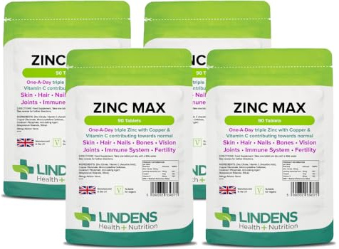 Lindens Zinc Max Tablets - 360 Pack - (90 Pack x4) Triple Zinc with Copper and Vitamin C - Immune System, Bones, Vision, Hair, Nails, and Skin - UK Manufacturer
