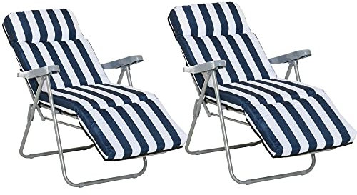 Outsunny Reclining Garden Chair Set of 2, 5-Level Adjustable Blue Stripe