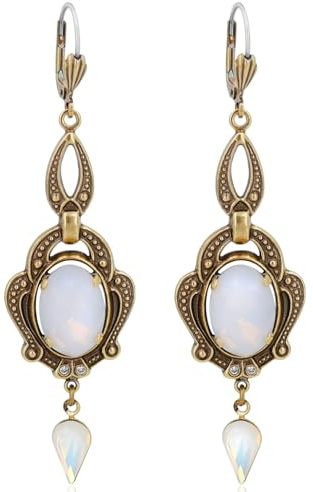 Jugendstil Ohrringe mit Markenkristallen Gold White Opal NOBEL SCHMUCK